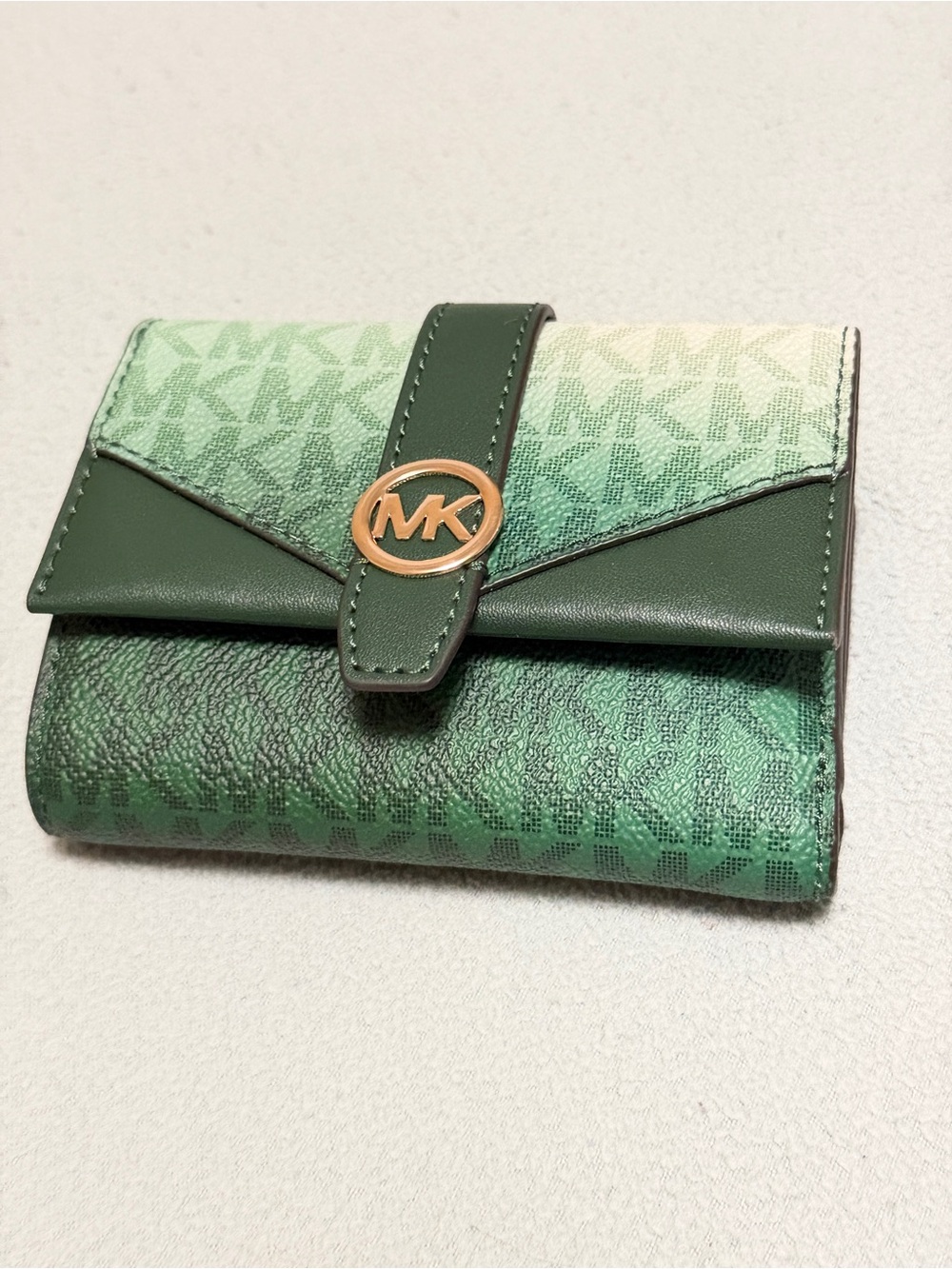 Michael Kors Green Ombre Signature Trifold Wallet with Gold MK Emblem